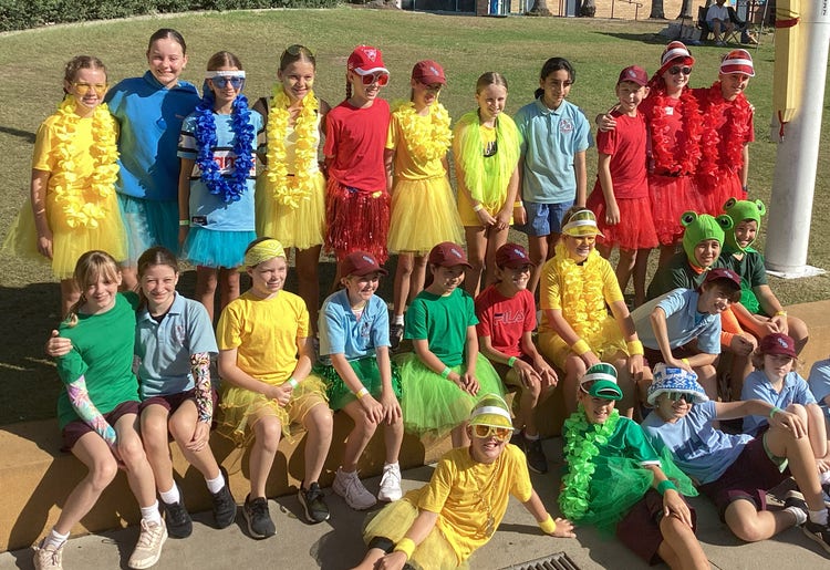 Year 6 dressed in their house colours of red, blue, green and yellow on the spectator area at the pool